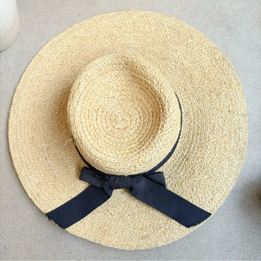 Turner Hats Floppy Wide Brim Sun Hat Beach Boho 100% Paper Black Ribbon Band